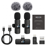 Complete NX-LV1 kit laid out — mics, receivers, windscreens and cable.