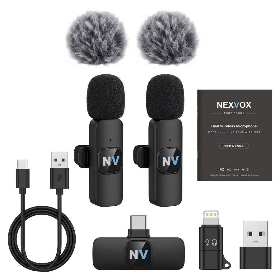 NEXVOX dual wireless microphone complete kit with all supplied parts
