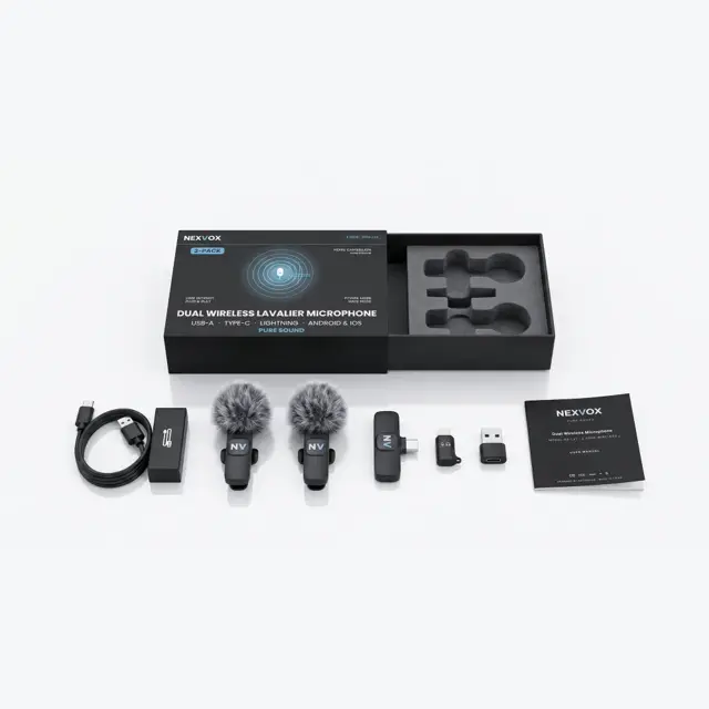 NEXVOX NX-LV1 complete microphone kit arranged with its open presentation box and accessories