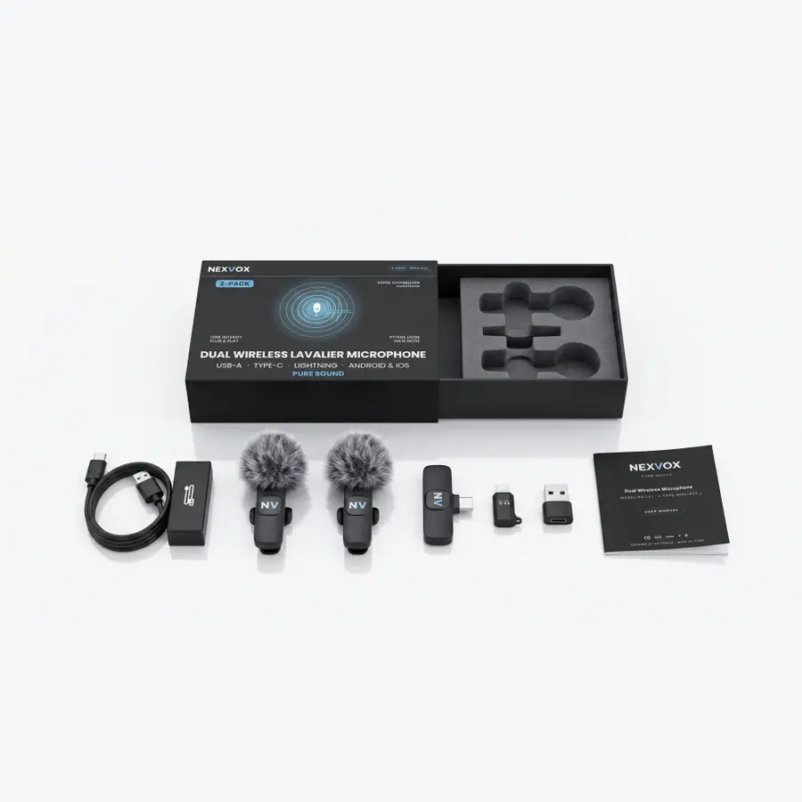 NEXVOX NX-LV1 complete microphone kit arranged with its open presentation box and accessories